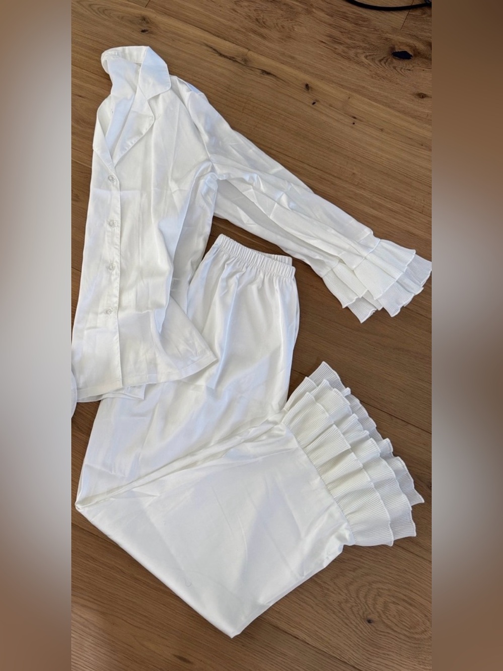 SHEIN White Ruffle Trim Satin Pajama Set
